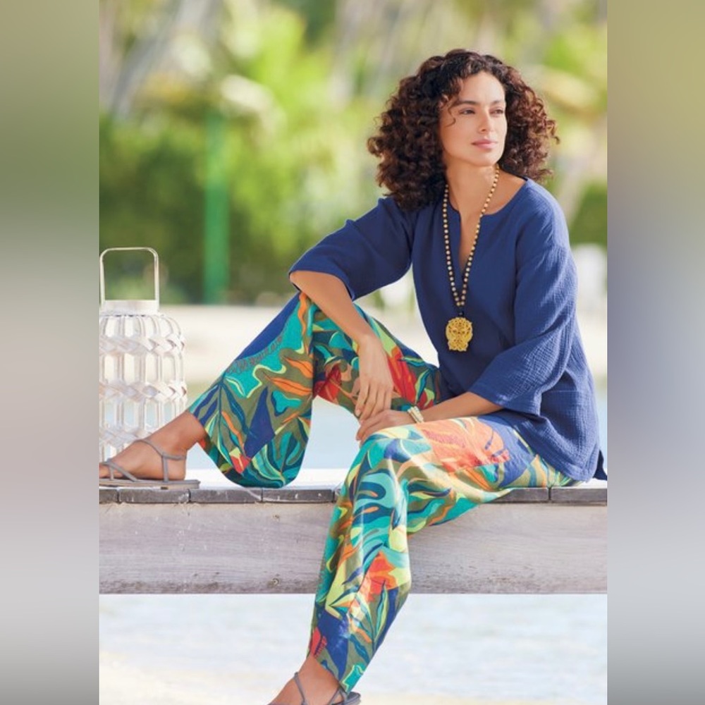 Soft Surroundings Paliso Point Tropical Linen wide leg pants, size petite medium